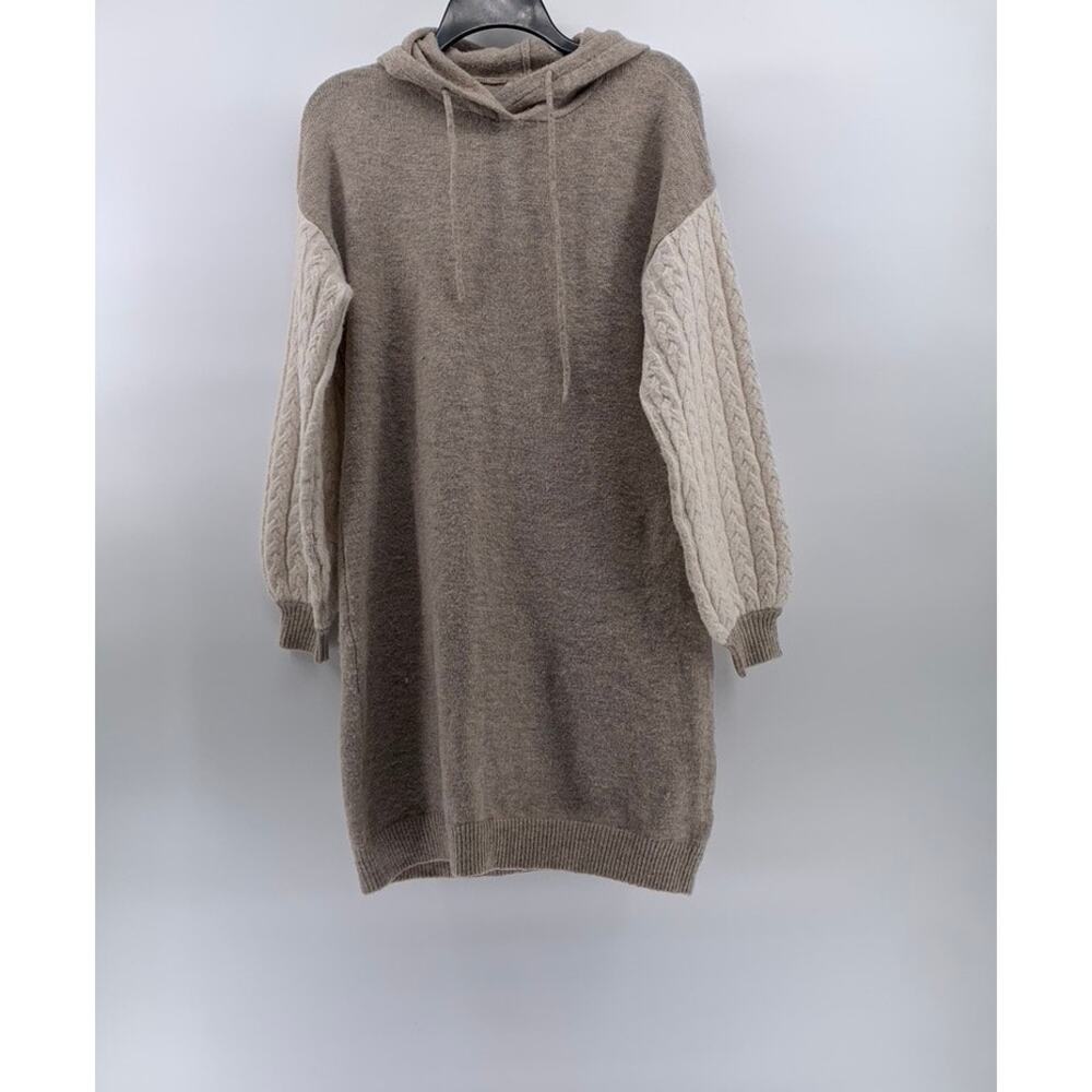 STITCHDROP Women's Beige Cable-Knit Long Sleeve Hooded Knee Sweater Dress SZ S